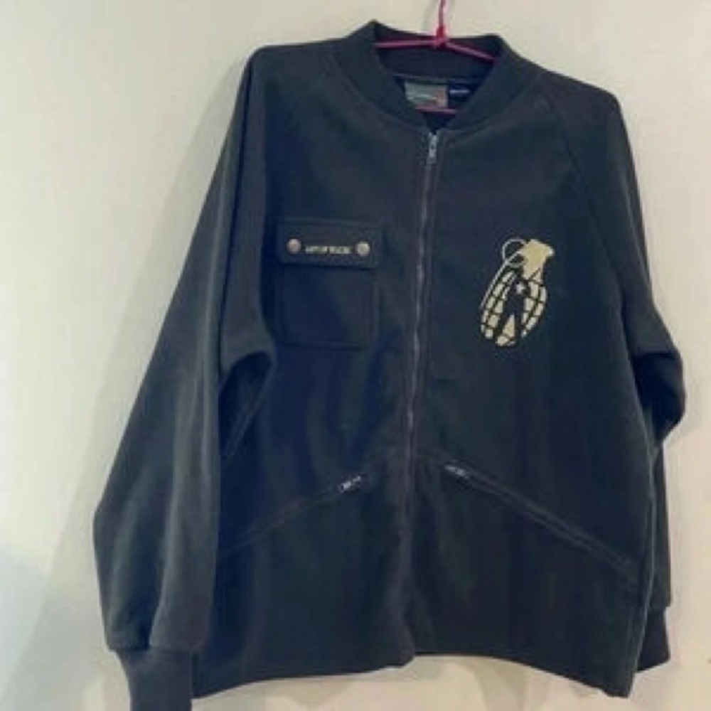 Men's Black Bomber Jacket with Grenade Patch